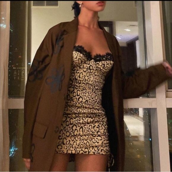 NWT For Love & Lemons Frankie Mini Leopard Dress Black Brown Size XS - Picture 3 of 11